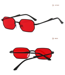 Detailed view of red lenses and black octagonal metal frames from side and back angles