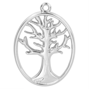 Polished stainless steel oval Tree of Life pendant necklace with detailed branch cutout