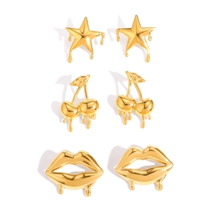 3-pack 18K gold-plated stainless steel stud earrings with liquid melting star cherry and lip