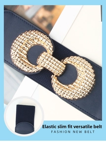 Detailed close-up of dark blue elastic belt with a golden textured metal buckle