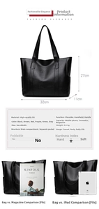 Detailed view of the black soft PU leather tote bag with size specs and 32x27x11cm dimensions