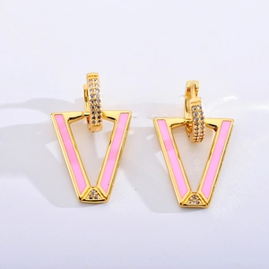 Minimalist V-shaped gold earrings with pink enamel and sparkling white zircon accents