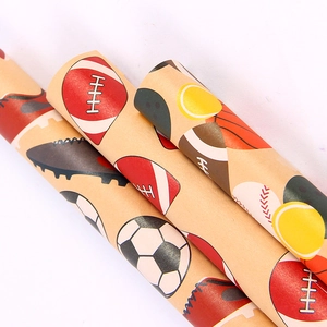 Vintage kraft wrapping paper rolls with assorted sports patterns including soccer and football
