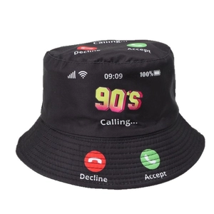 Retro 90s phone UI print black cotton bucket hat with call screen icons design