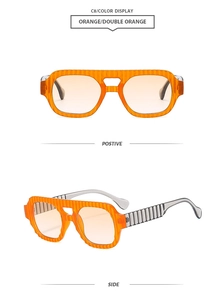 Detailed macro view of orange sunglasses featuring vertical stripe texture and double bridge