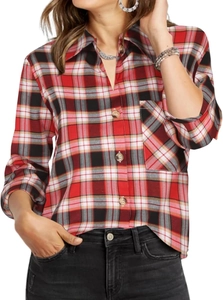 Classic red and black plaid long sleeve button-up shirt for women with chest pocket