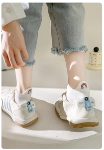 Close-up of white cotton ankle socks with cute rainbow and cloud embroidery detail