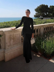 Slim fit black long sleeve midi dress with round neck for elegant outdoor occasions