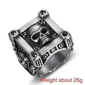 Men's gothic skull ring in vintage silver with black gemstones and 26g weight label