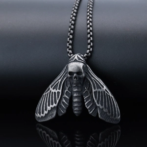 Gothic death's head moth skull pendant in antique silver finish with chain
