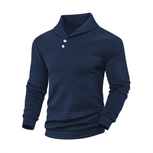 Navy blue men's waffle knit sweatshirt with lapel collar and two-button detail