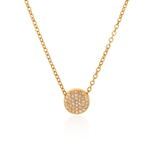 Detailed view of an 18K gold-plated circular pendant with sparkling crystal inlay