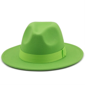 British style bright green wool felt fedora hat with matching ribbon and flat brim