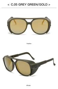Dual view of grey-green sunglasses with gold lenses and wide industrial side shields