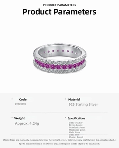 Detailed specs of S925 silver ring with pink zircon stones and S925 hallmark