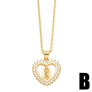 Golden heart pendant necklace with Virgin Mary relief and white zircon inlay for women