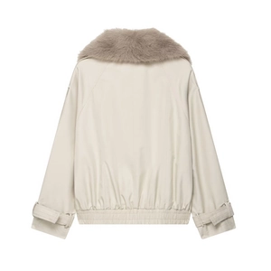 Short cream waterproof trench jacket with faux fur collar shown from the back view