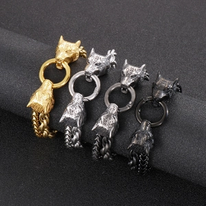 Men's double-layer wolf head bracelets in gold, silver, gunmetal, and black steel