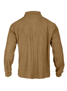 Back view showing detailed corduroy texture of the brown long sleeve button-up shirt