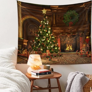 Detail of vintage Christmas tapestry featuring a tree, fireplace, and warm festive gifts