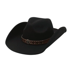 Chapeau de cowboy classique en feutre noir avec bande en cuir marron et ornement métal