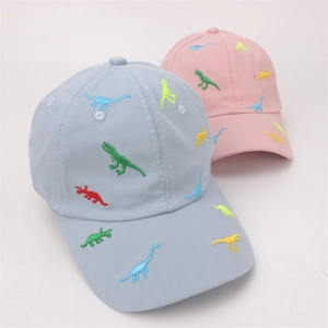 Kid's baseball cap with colorful dinosaur embroidery in light blue and pink cotton fabric