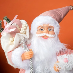 Pink velvet Santa Claus figurine with white gift bag and tree on orange backdrop
