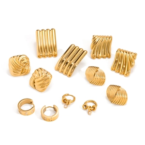 Set of gold stainless steel geometric stud earrings with zircon and twisted textures
