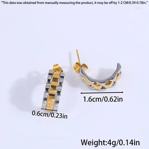 Macro view of C-shaped earrings showing dimensions 1.6cm diameter and 0.6cm width