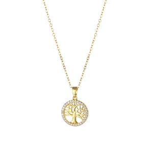 Golden Tree of Life pendant necklace with pavé zircon circle in stainless steel