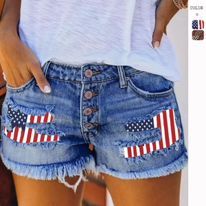 Women Denim Shorts High Waist Distressed Multi Button Fly Raw Hem USA Flag Patch Baseball Mom Print Casual