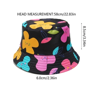 Detailed size chart for floral bucket hat with 58cm head circumference and 8.5cm height