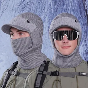 Men Winter Balaclava Hat Knitted Acrylic Fleece Lined Integrated Neck Warmer Face Mask With Brim Windproof Warm Outdoor