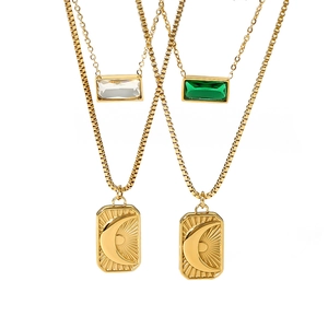 Double-layer gold stainless steel necklace with sun moon pendant and cubic zirconia