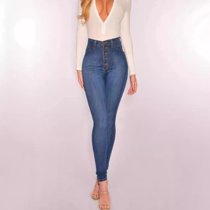 Jean skinny taille haute bleu foncé pour femme avec fermeture à plusieurs boutons devant