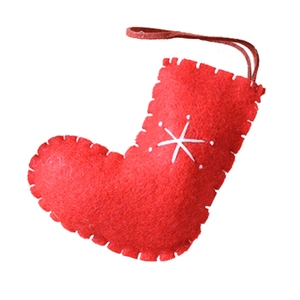 Handmade red felt Christmas stocking ornament with white snowflake embroidery and hanging rope