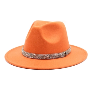Fashionable orange wool fedora hat with sparkling rhinestone band and metal M logo