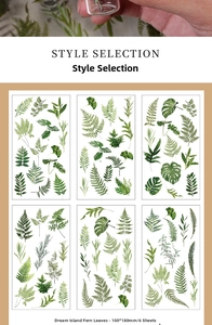 Close-up of Dream Island Fern stickers, 6 sheets of PET waterproof botanical leaf decals