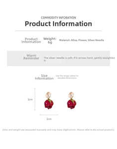 Detailed size view of red rose earrings with golden accents measuring 3cm by 2cm
