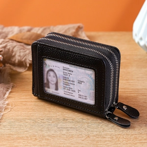 Black pebbled leather RFID wallet with dual zippers and a transparent ID window display