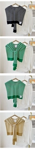Vertical showcase of striped knit shawls in black green and beige on white shirts