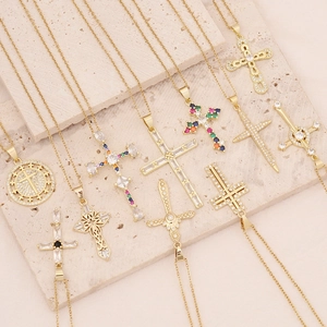 18K gold plated copper necklace featuring hip hop style cross pendants with zircon stones