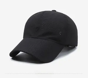 Side view of black quick-dry mesh baseball cap with breathable laser-cut holes