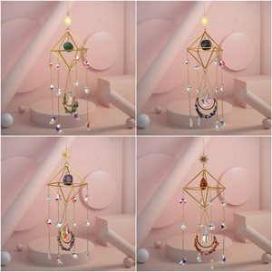 Detail showing four crystal suncatcher styles with natural raw stones in gold geometric frames
