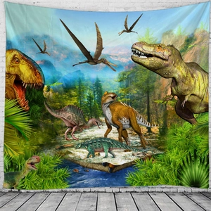 Jurassic dinosaur wall tapestry for bedroom featuring T-Rex and jungle scenery decor