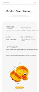 Size guide for cartoon duck silicone suction plate including 304 steel spoon and fork set