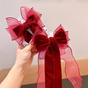 Red Velvet Large Bow Hair Clip Rhinestone Crown Mesh Ribbon Chinese Style Festive Hair Accessories Girls