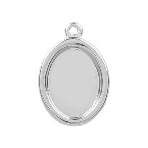 Detailed view of silver oval stainless steel pendant tray for DIY jewelry making