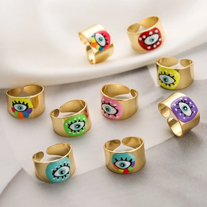 18K gold plated evil eye adjustable open rings with colorful drip oil enamel patterns