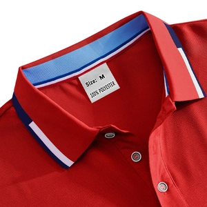 Close-up of red Polo shirt collar with blue and white striped pique fabric texture